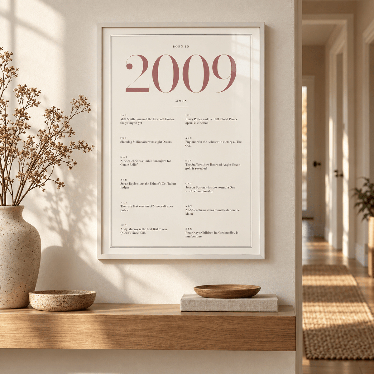 2009 year print with dusty rose numerals on cream above simple furniture at home