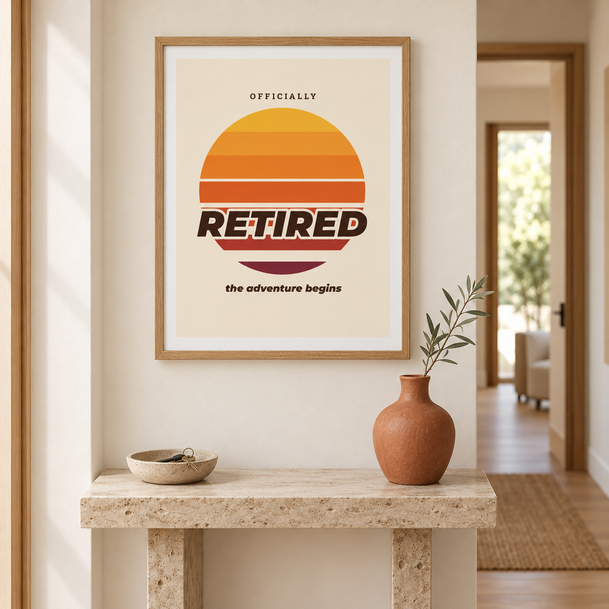 Retro sunset retired print above a console table in a hallway