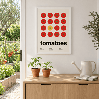 Swiss style tomato print in a garden room filled with green plants