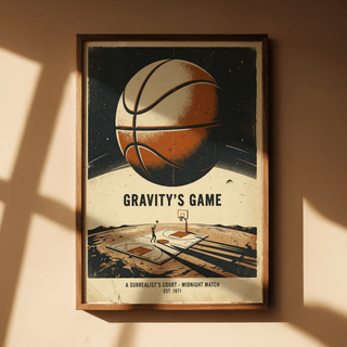 Framed Surreal Basketball Art Print of a giant basketball above a court in retro colours with shadows
