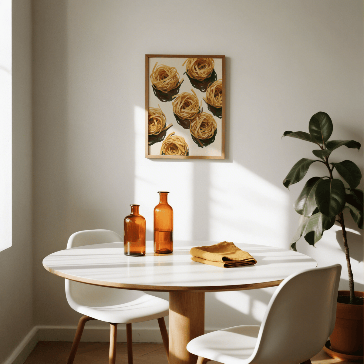 Fettuccine Print hanging above a dining table with two amber glass bottles and a plant