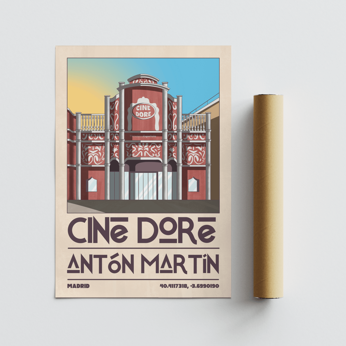 Detail close-up of Madrid Landmark Poster showing vintage red and beige illustration with a packaging tube beside it