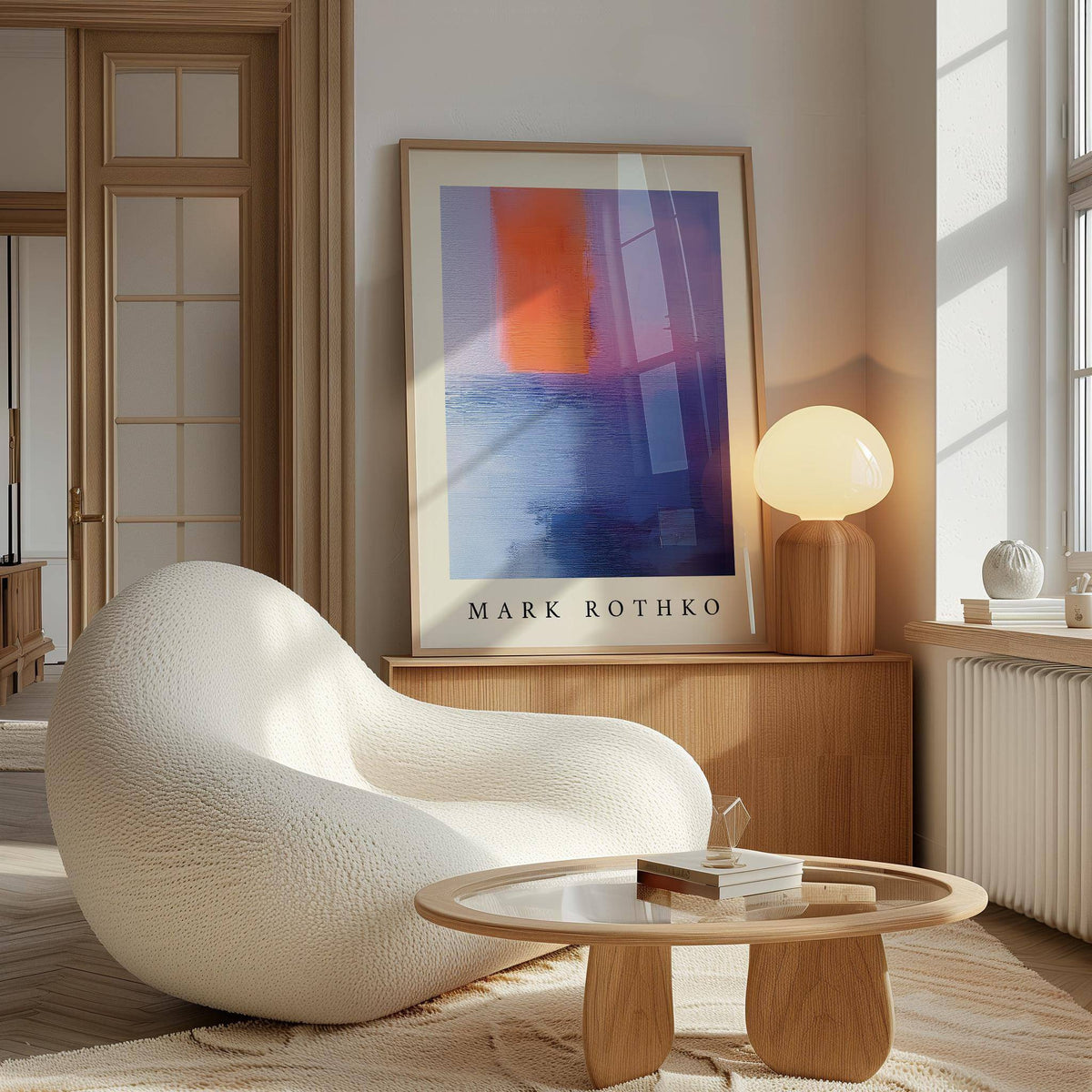 Rothko Art print leaning on a wooden cabinet with a cream lamp and a textured white chair nearby