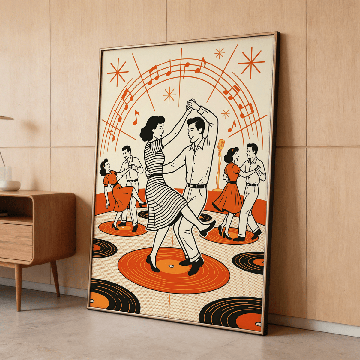 Framed Retro Dance wall art of a dancing couple with orange and black record discs leaning against a wood wall