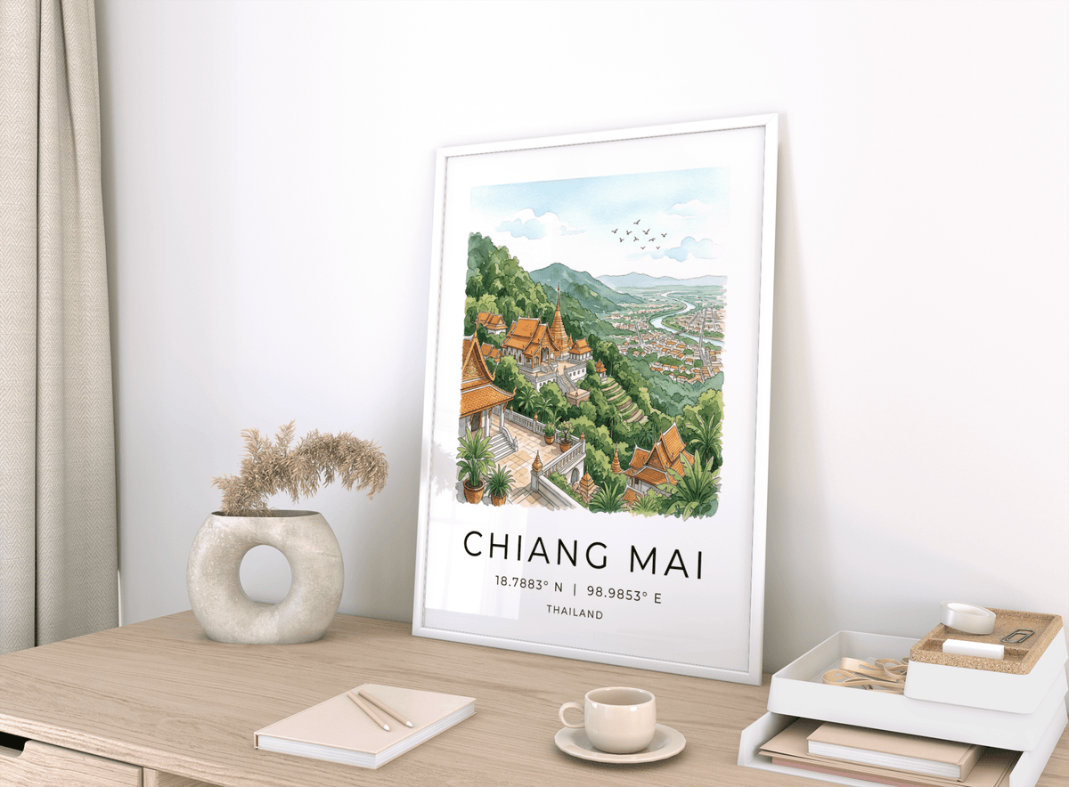 Chiang Mai art print in watercolour style leaning on a shelf with a beige vase beside it