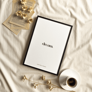 Personalised Quote Poster leaning on fabric with dried flowers and a cup of coffee