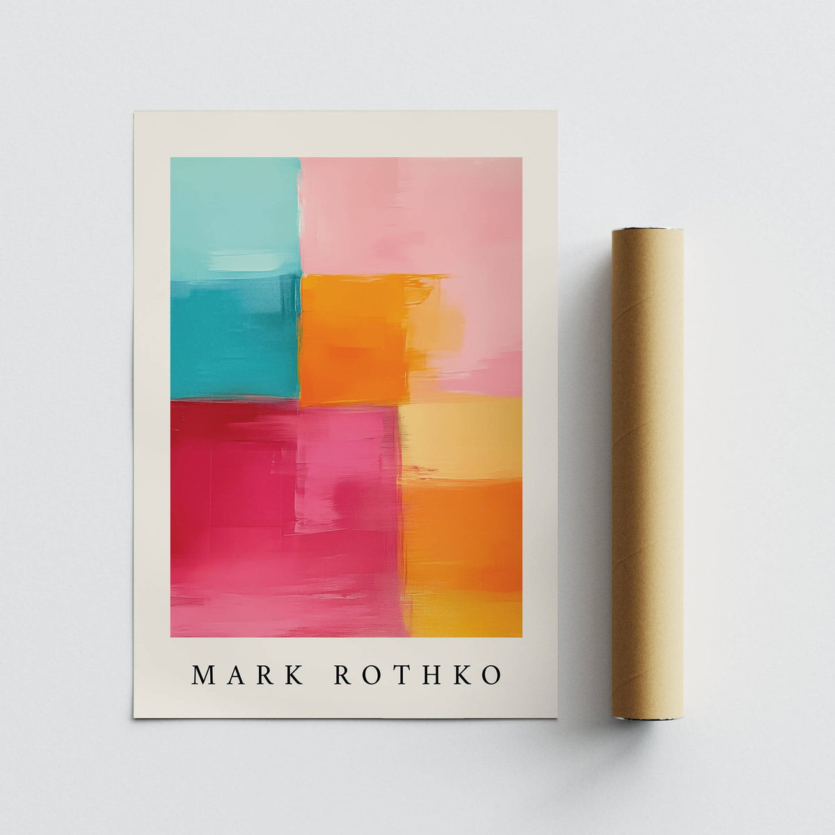 Abstract Art with Pink showing abstract colour blocks with pink orange and blue beside a cardboard tube