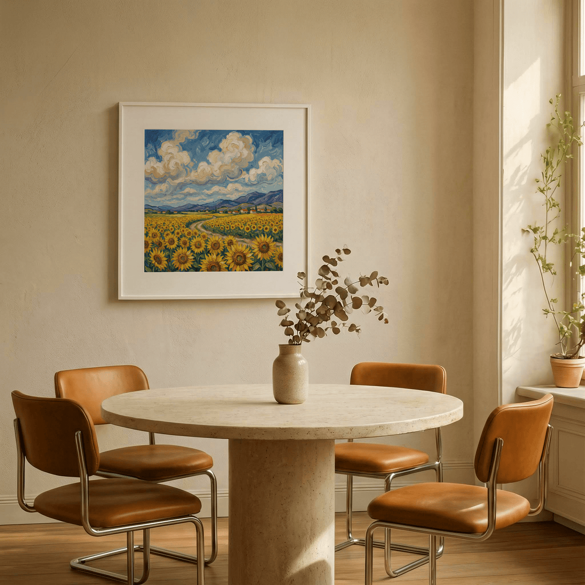 Sunflower Field Poster framed print of yellow sunflowers under a blue sky above a dining table with brown chairs