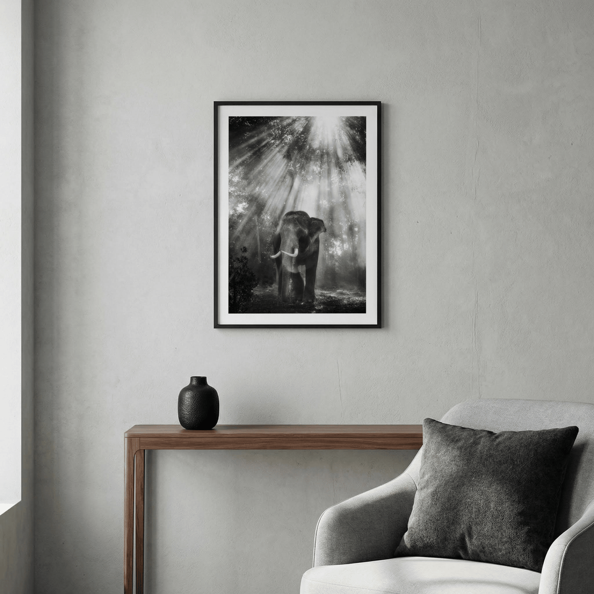 Nature Photography Wall Art of an elephant in a sunlit forest above a wooden shelf with a black vase