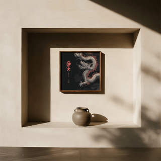 Dragon Poster print of an oriental dragon in japanese ink style above a beige ceramic vase