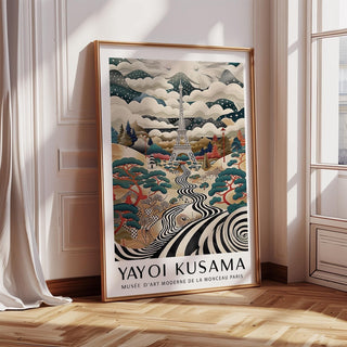 Print leaning on floor of surreal Eiffel Tower art with swirling black and white river and colourful trees