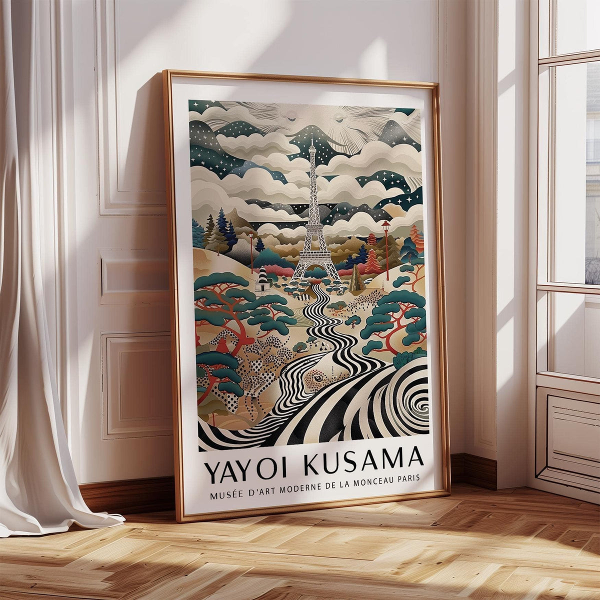 Print leaning on floor of surreal Eiffel Tower art with swirling black and white river and colourful trees