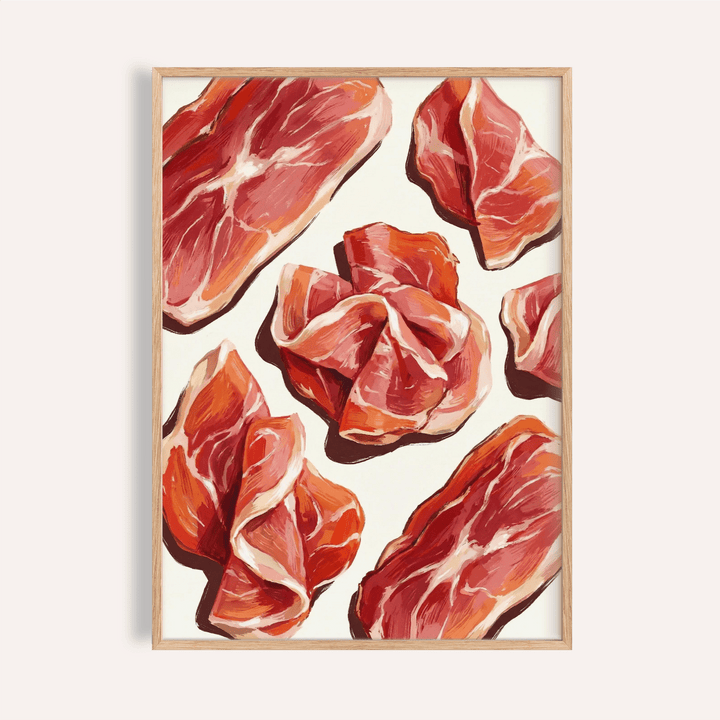 Framed Parma Ham Poster showing slices of parma ham in red and orange tones on cream background
