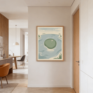 18th Hole wall art of a golf green on an island in muted blues and greens in a hallway