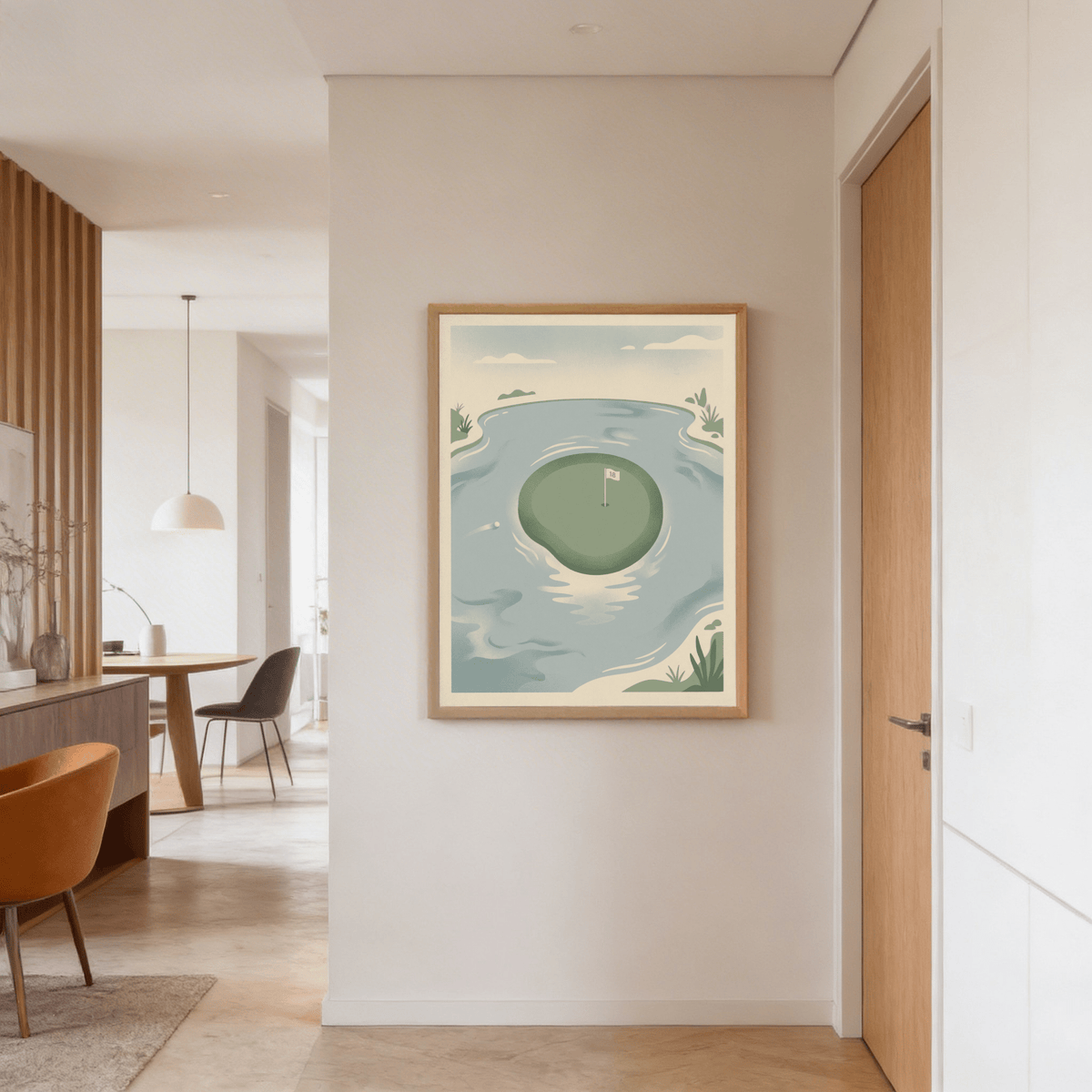 18th Hole wall art of a golf green on an island in muted blues and greens in a hallway