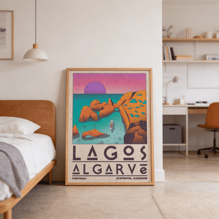 Lagos Algarve wall art leaning on the floor by a bed in a bedroom with warm tones