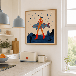 Surrealist Fish Art Print on a kitchen wall featuring a woman carrying a blue fish with red boots near a toaster