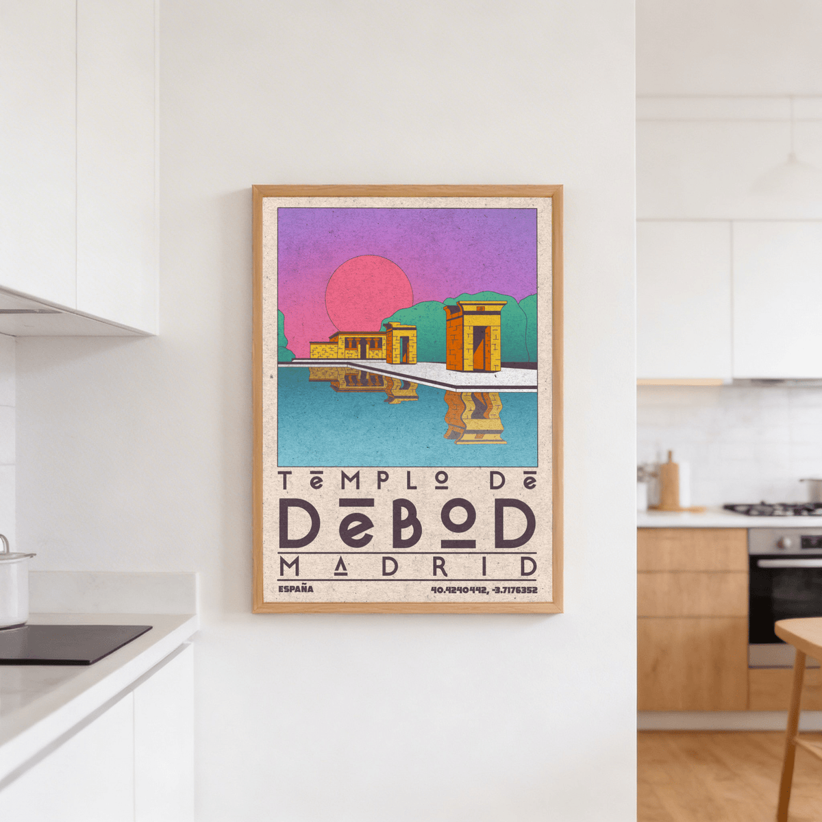 Templo De Debod art print of yellow temple with pink sun on wall in a modern kitchen
