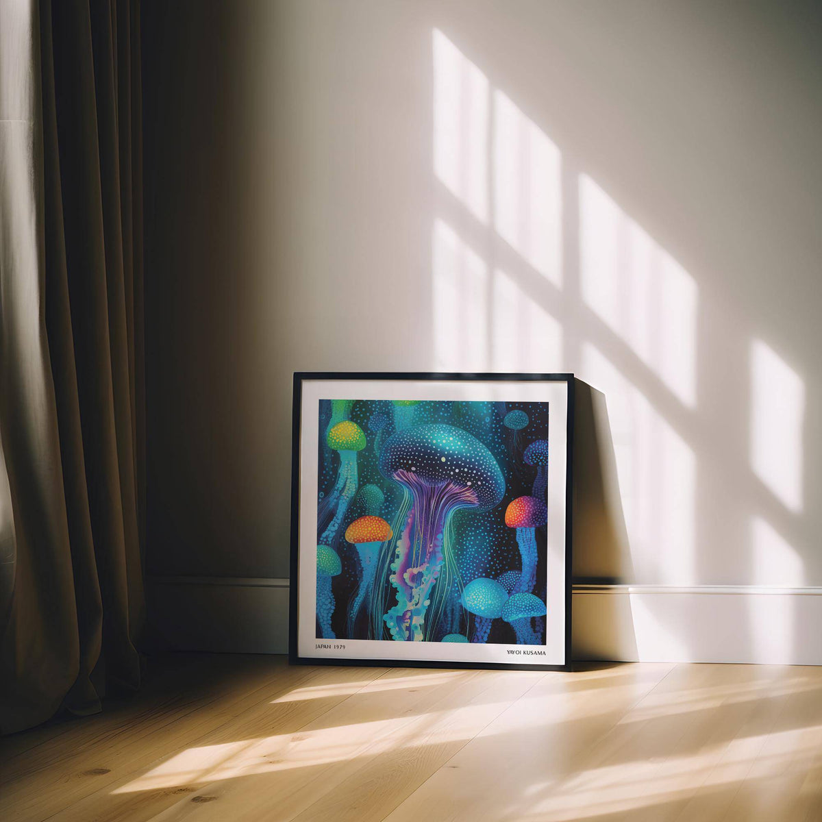 Framed Jellyfish Print with glowing blues and purples leaning on a wooden floor with sunlight