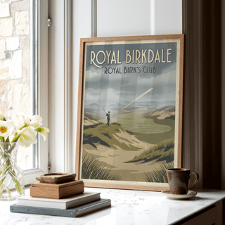 Framed English Links Golf Art of a golfer hitting a ball on sand dunes with muted greens and blues