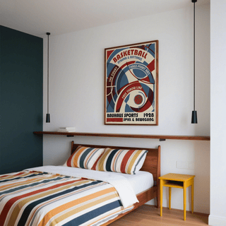 Print on a wall in a bedroom showing Bauhaus basketball art print with vintage red and blue colours above a wooden bed
