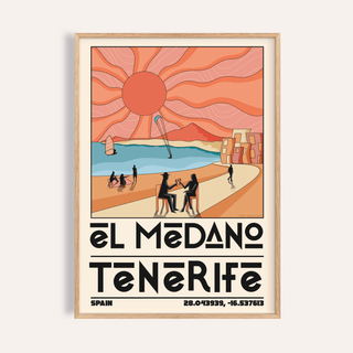 Framed Tenerife Travel Poster with a retro minimalist beach scene in orange and blue tones