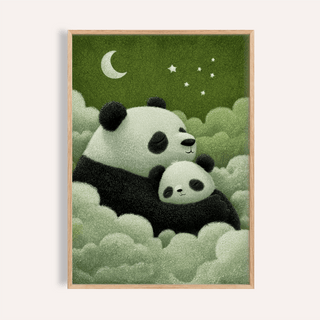 Framed panda nursery decor print of a sleeping panda and cub among green clouds with moon and stars