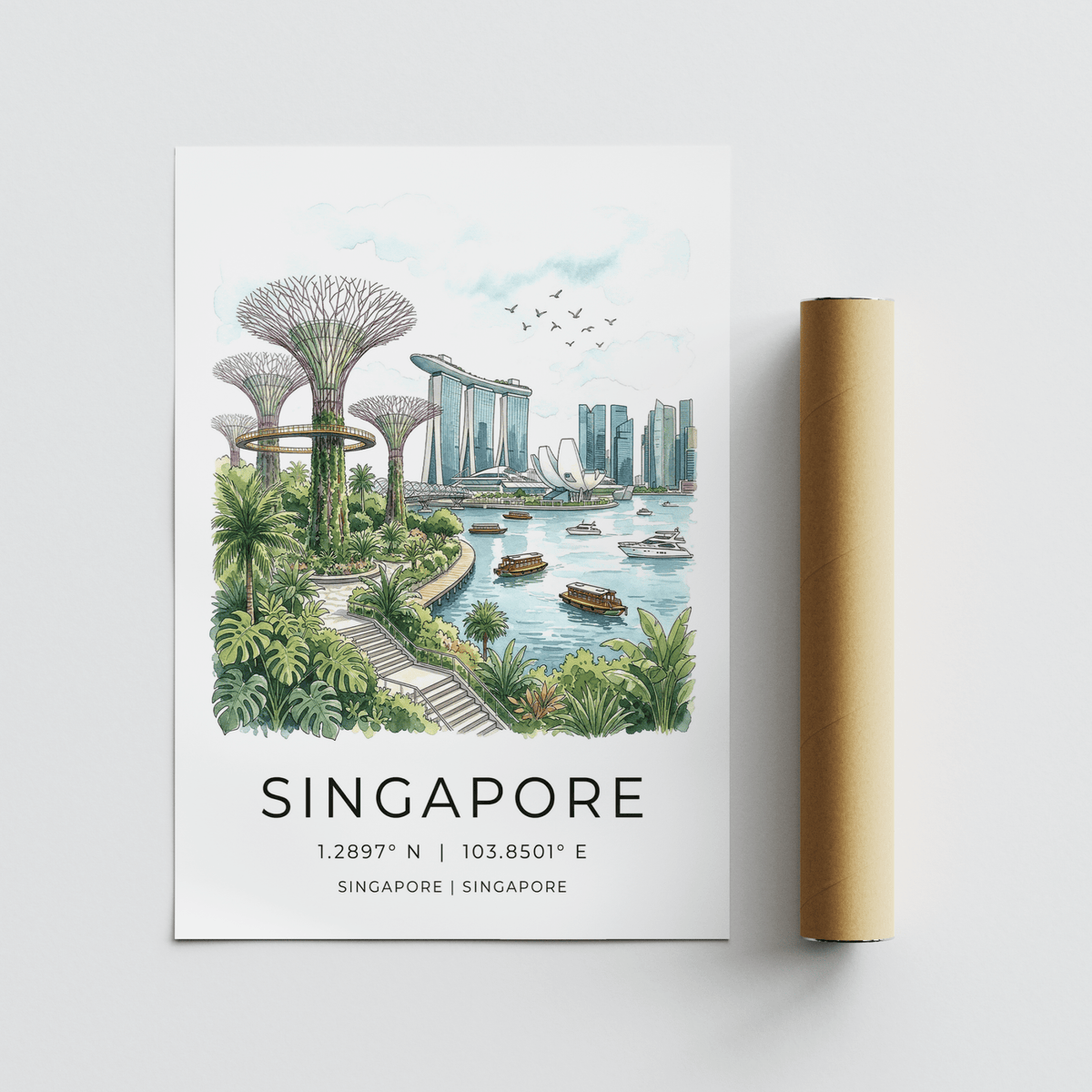 Detail close-up of Singapore City Landscape Art with Marina Bay Sands by a packaging tube