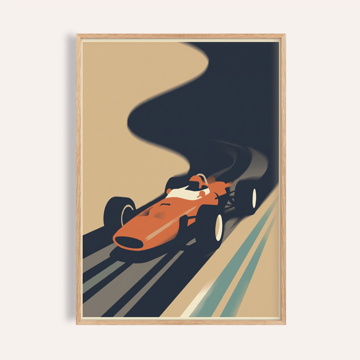 Vintage Grand Prix Poster framed print of a retro red race car with black smoke