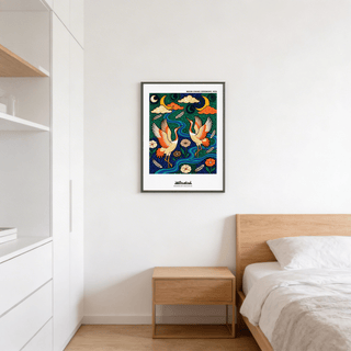 Colorful Crane Poster print of dancing cranes with folk-art style in a bedroom above a wooden bedside table