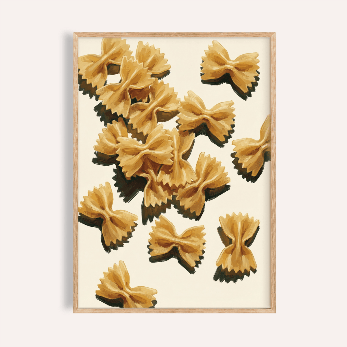 Farfalle pasta art in beige and brown tones with a light wood frame
