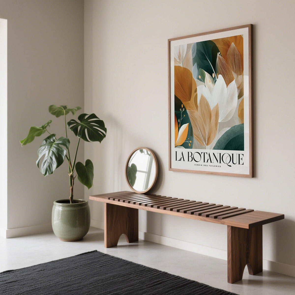 Wall Art with Leaves framed print with abstract botanical foliage in green and brown tones above a wooden bench