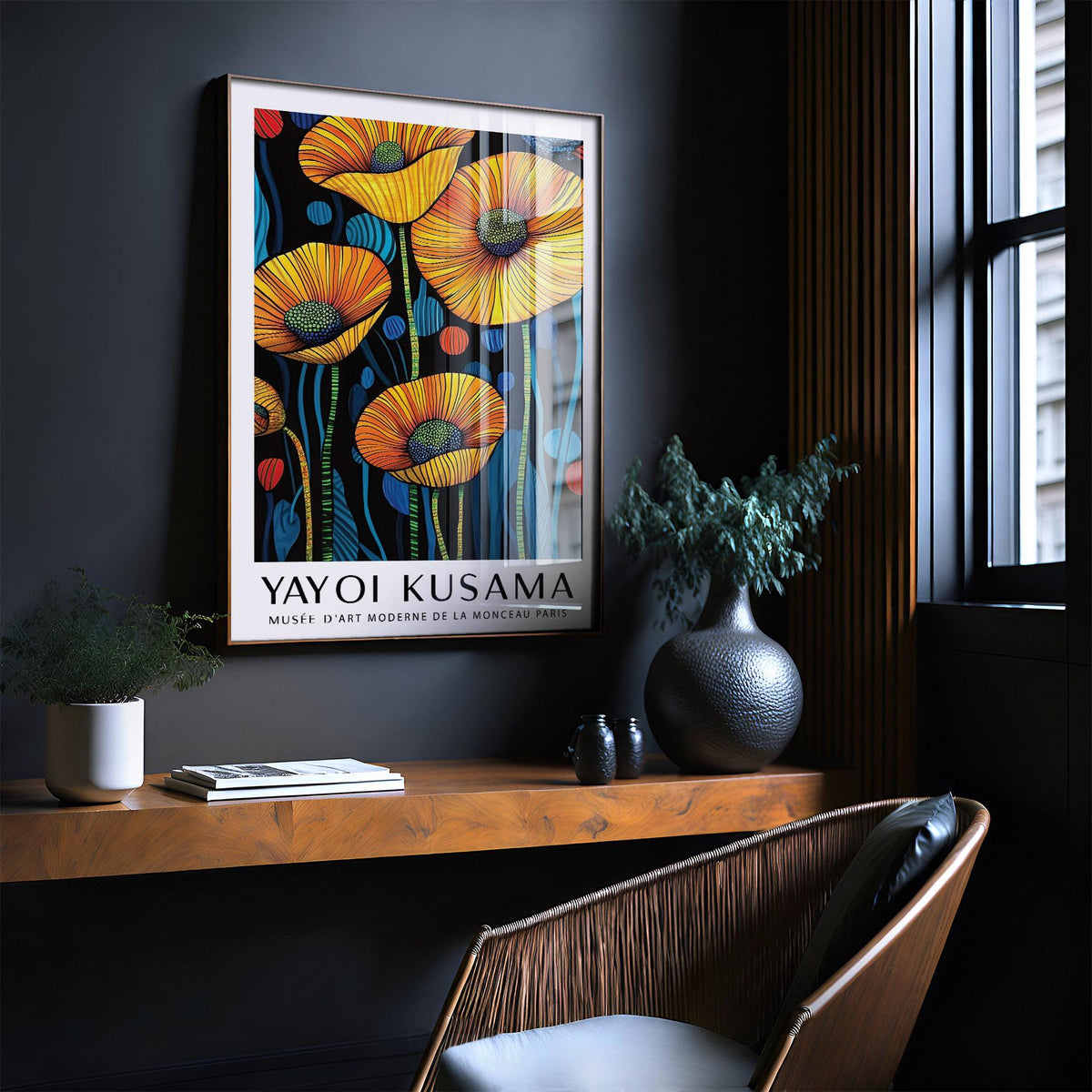 Art of Poppies wall art with yellow poppy flowers in a bright contemporary room above a wooden shelf
