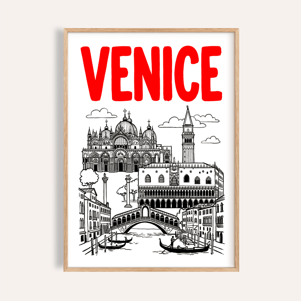 Framed Venice Landmark Art Print with red text and black line art landmarks