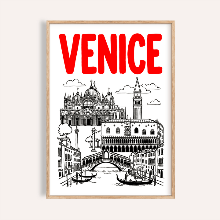 Framed Venice Landmark Art Print with red text and black line art landmarks