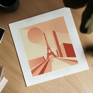 Eiffel Tower Poster Wall Art minimalist illustration in beige and terracotta tones on a wooden surface