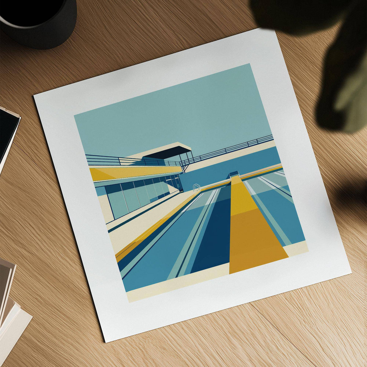 Close-up of pool print showing a minimalist illustration of an urban swimming pool in blue and yellow shades