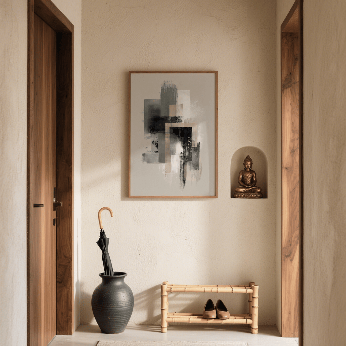 Modern Abstract Poster on a textured wall above a bamboo shoe rack and black umbrella in a hallway