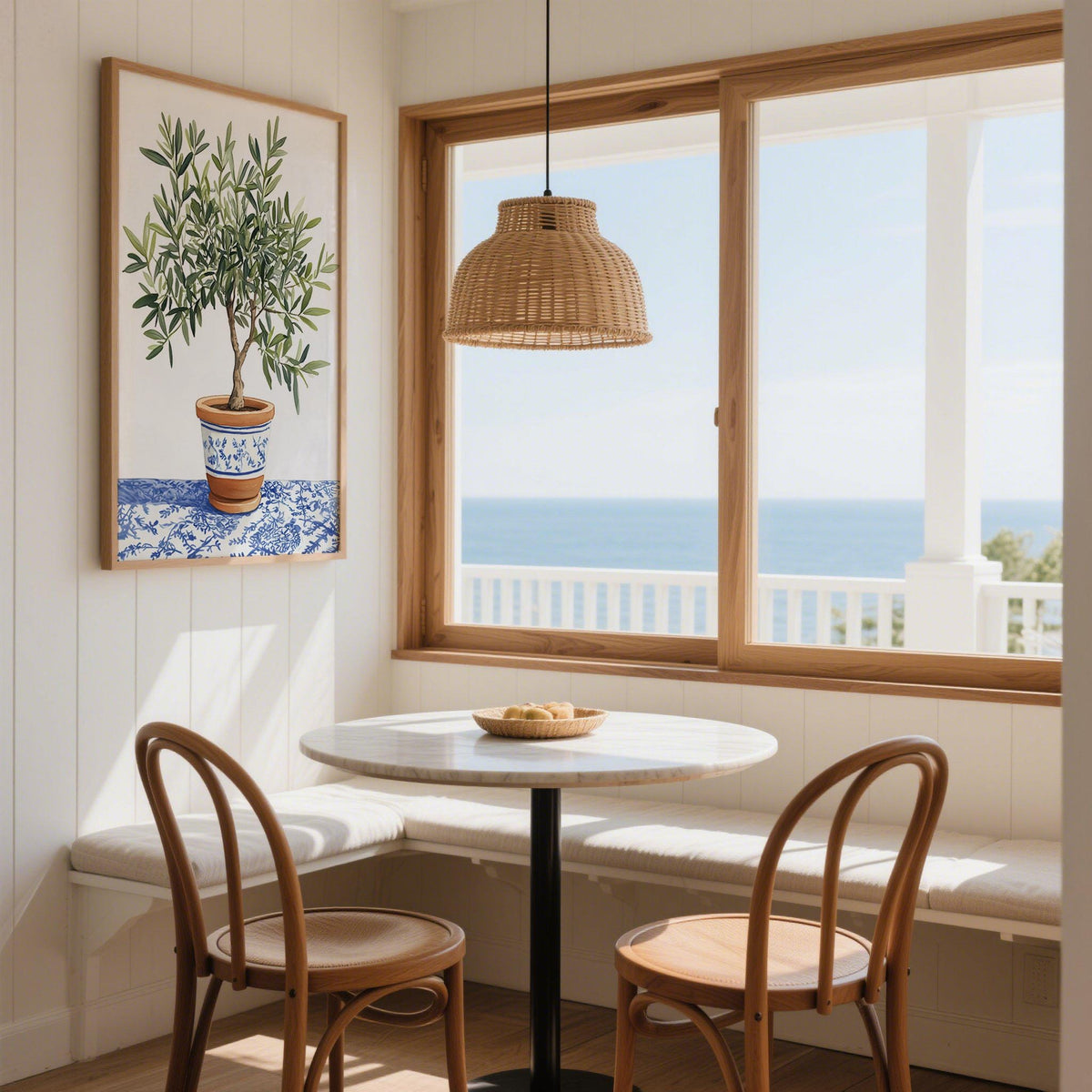 Print on a wall of olive tree art print in a blue and terracotta pot in a dining area by large window