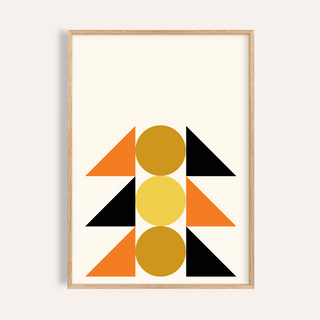 Framed Geometric Block Art with orange, black and mustard shapes on cream background