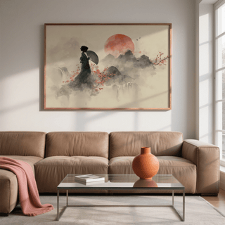 Oriental wall art poster of a geisha with a fan near red sun and grey mountains above a brown sofa