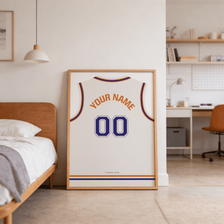 Basketball Jersey Poster in White with Purple Number leaning on floor next to a bed in a bedroom