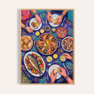 Framed food art print showcasing a Mediterranean feast with vibrant colours and hands breaking bread