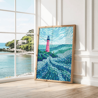 Modern Lighthouse Art print leaning against a white wall with wooden floor and sea view through window