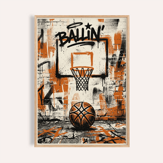Framed print close-up of urban basketball print with orange and black graffiti style