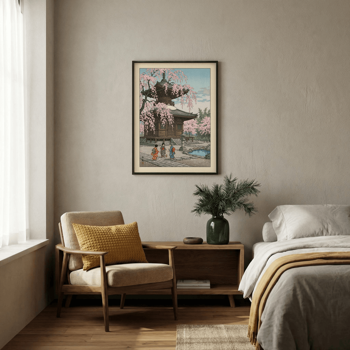 Japanese Cherry Blossom Art Print in a bedroom with a brown wooden frame and a green vase on a side table