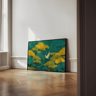 Colorful Japanese Nature Art print leaning on a wooden floor against a white wall showing a flying crane in a green and yellow forest