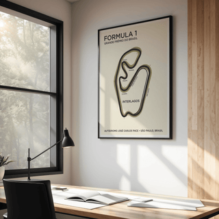 Brazilian Race Circuit Poster minimalist Interlagos track map in black frame on wall above desk lamp