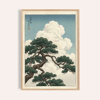 Japanese landscape poster framed print close-up with pine tree branch and cloudscape in muted greens and blues