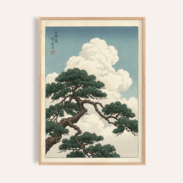 Japanese landscape poster framed print close-up with pine tree branch and cloudscape in muted greens and blues